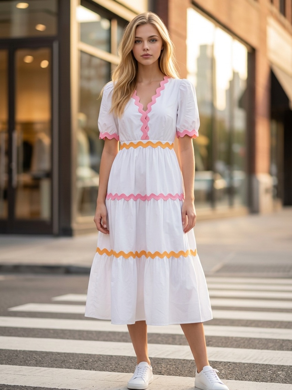 White Maxi Dress with Pink & Yellow Trim - Women Dresses Maxi